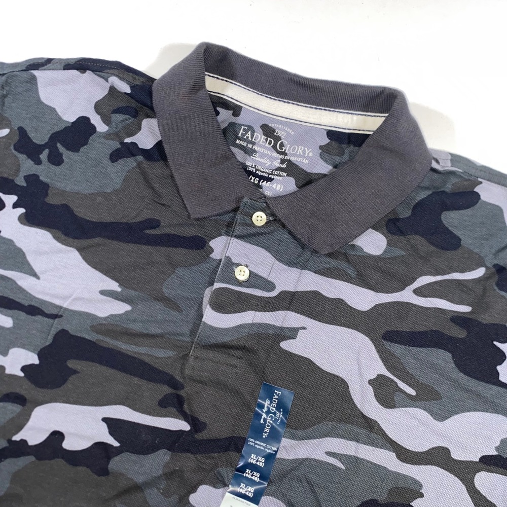 Faded Glory Mens Camo Polo Shirt XL Gray Black Organic Cotton Short Sleeve C200